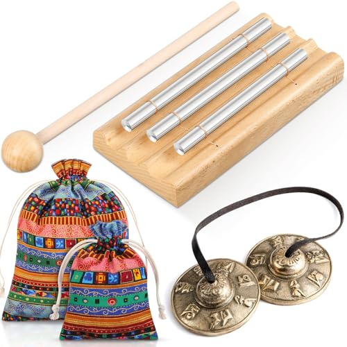 Maasechs El juego de 2 instrumentos de percusión incluye platillos tibetanos Tingsha y campana de meditación de tres tonos con baqueta, bolsa de tela tibetana con cordón para meditación, yoga,