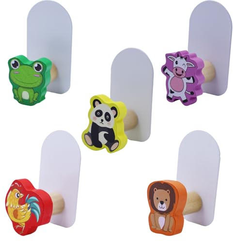GDJIAJT Ganchos adhesivos para niños, 5 unidades, diseño de animales, ganchos adhesivos para ropa infantil, ganchos autoadhesivos para toallas, sin taladrar, ganchos de madera para habitación infantil