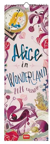 Legami - Wandkalender 2026, Alice In Wonderland, kleiner Wandkalender, 12 Monate und Jahresplaner, in 6 Sprachen, Platz für Notizen, Sternzeichen, internationale Feiertage, 16 x 49 cm