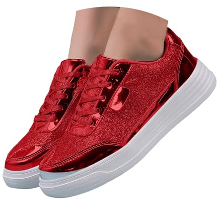 Damsneakers, glitter, lackskor, halvskor, kvinnor, snörskor, bekväma sportskor, platta, promenadskor, chic, fritidsskor, löparskor för vardagen, röd, 40 EU