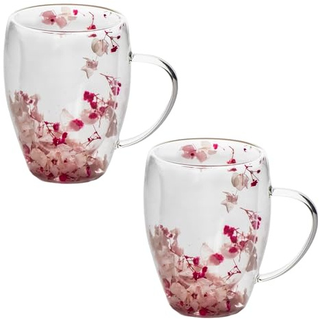 Kvota 2-er SET Doppelwandiger Glasbecher mit echten Trockenblumen – 300 ml, isolierend & dekorativ – 3 Designs (Pink, Grün, Minze) – für Tee, Kaffee, kalte Getränke – Geschenkidee (Pink)