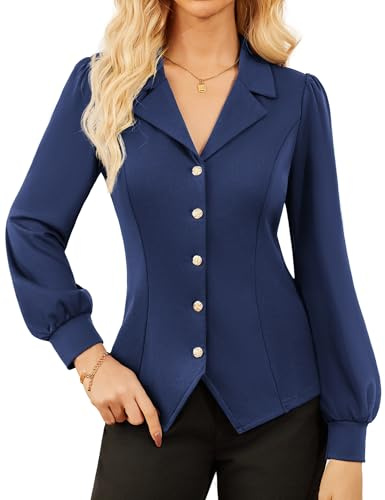 Work Shirts for Women Dressy Casual Lantern Long Sleeve Collared Shirt Elegant Business Office Top M Dark Blue