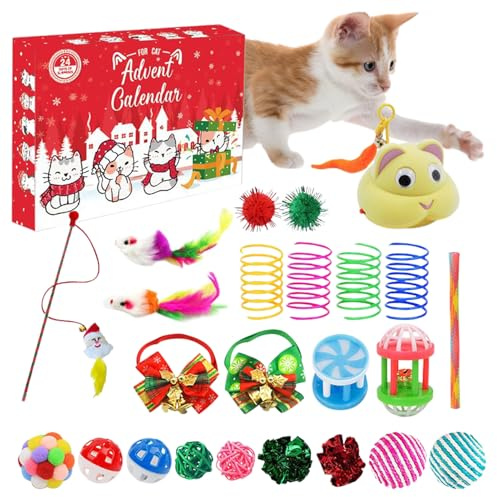 Calendario de Adviento de Juguetes para Gatos - Calendario de Cuenta Atrás 24 Días con Juguetes para Gatos para Gatitos - Regalos Festivos de Temporada de Adviento para Amantes de Mascotas