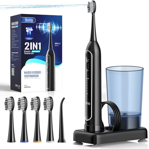 Electric Toothbrush with Water Flosser Combo for Teeth Brushing & Flossing, Sonic Electric Toothbrush for Adults, Cordless Water Flosser for Home & Travel, Portable Travel Case Included