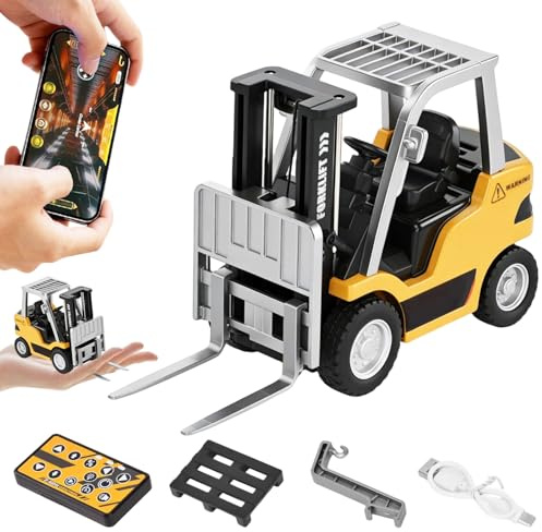 MplehDa Mini carrello elevatore radiocomandato, scala 1:64, in metallo, veicolo da cantiere con luce e suono, programmazione app, velocità e controllo della velocità, forcella sollevabile