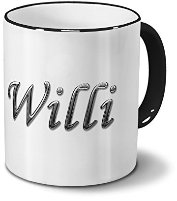 printplanet Tasse mit Namen Willi - Motiv Chrom-Schriftzug - Namenstasse, Kaffeebecher, Mug, Becher, Kaffeetasse - Farbe Schwarz