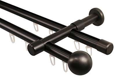 iso-design Innenlauf Gardinenstangen 2-läufig schwarz 20 mm Durchmesser, Wandmontage, Gardinenstangenkomplettset aus Metall mit Wandhaltern und Endstück Kugel, 120 cm