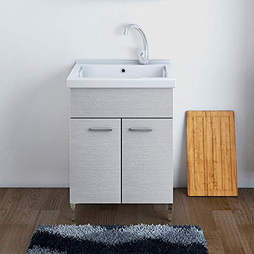 Inbagno Mobile Lavatoio, L.60xP.50xH.86.5, Grigio, Vasca in Ceramica con profondità 30 cm