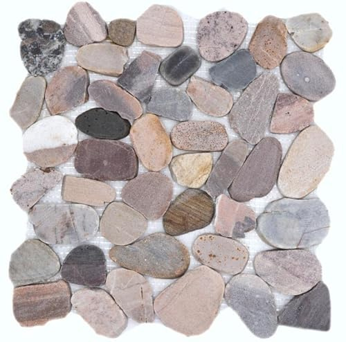 Steinkiesel geschnitten mix beige grau rot Flußkiesel Steinkiesel Flussstein Kieselmosaik Wohnzimmerwand Küchenwand Boden Fliesenspiegel Spritzschutz Küche Duschwand Mosaik | 10 Mosaikmatten