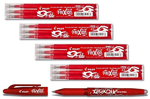 Bonus Pack Pilot FriXion Ball Tintenroller 0,7 Ersatzminen Nachfüllminen | 4 Set á 3 Stk + 1x Frixion Ball in Rot
