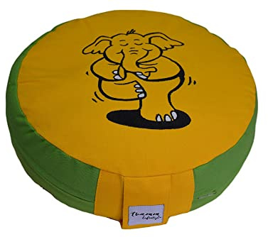 Tvamm Lifestyle Rund 7 Chakra Meditationskissen (Zafu) Buchweizenschalen, Ø 36 cm x 15 cm, Bezug und Inlett 100% Baumwolle, Bezug und Inlett maschinenwaschbar bis 30º C. (Grun/Gelb)
