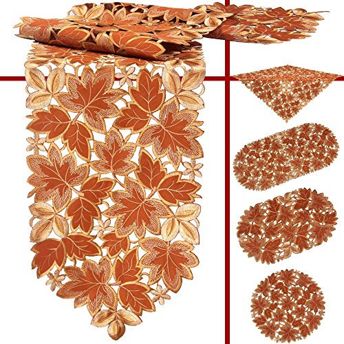 Quinnyshop Herbst Laubblätter Stickerei Deckchen 30 cm Rund Polyester, Terrakotta