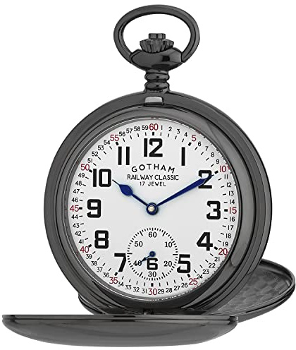 Gotham Herren Gunmetal Railroad Zifferblatt Double Hunter Taschenuhr | 17 Juwelen, mechanisch, GWC18806B