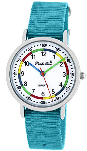 Pacific Time Kinderuhr Lernuhr Mädchen Jungen 5 ATM wasserdicht | Lernzifferblatt 1–12/05–60 Min., 5 ATM wasserdicht, beschriftete Zeiger und austauschbares 16-mm-Textilarmband.