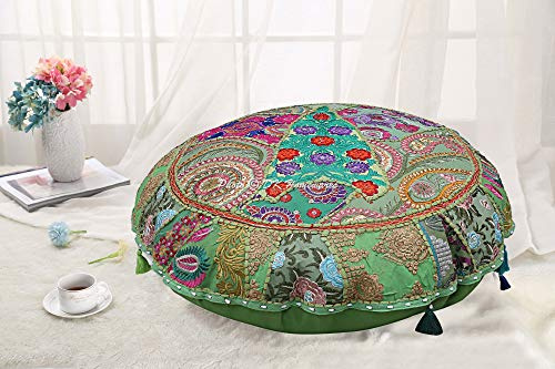 DK Homewares Ethnisch Baumwolle bodenkissen bezug abnehmbar 55x55 Sitzkissen Stuhl Bohemien Papagei grün Patchwork Gestickt Wohnkultur Rund Jahrgang Sitzkissen Bank - 22x22 Inch