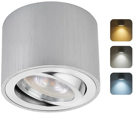 Sweet Led Aufbaustrahler Alu Gebürstet Flach Ø80x50mm Schwenkbar Aluminium Deckenstrahler Aufputz Rund inkl. wechselbarem 5W CCT LED Modul 230V 3000K/4000K/6500K Warmweiß Neutralweiß Kaltweiß