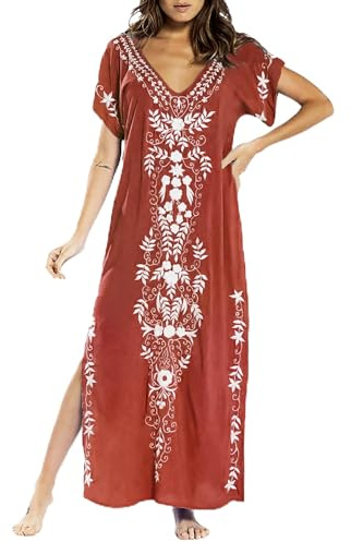 Busbseach Caftan Dresses for Women Embroidery Short Sleeve Beach Cover Up V Neck Maxi Kaftan Dress