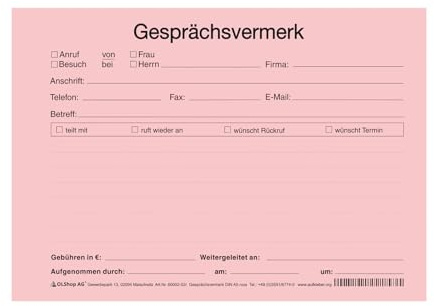 Gesprächsnotizen Gesprächsvermerk DIN A5 rosa Block mit 100 Blatt Telefonnotizen