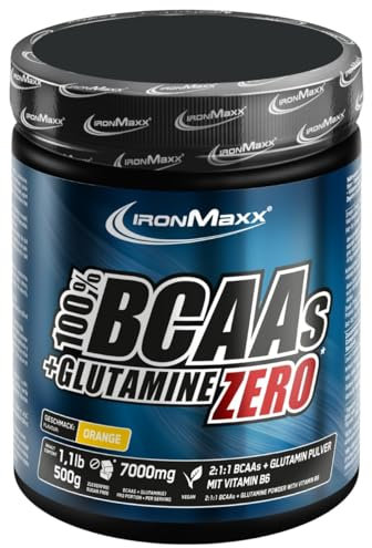 IronMaxx 100% BCAAs + Glutamine Zero - Orange 500g | veganes & zuckerfreies Aminosäuren Pulver mit Vitamin B6 | 6000 mg BCAA´s und 1000 mg Glutamin pro Portion