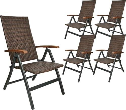 BRUBAKER 5er Set Polyrattan Gartenstuhl Modena - Braun Grau | Hochlehner aus Metall und Poly Rattan klappbar - 7-fach verstellbare Rückenlehne - wetterfester Faltstuhl / Klappstuhl
