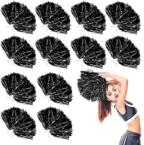 LINYAPRY 24 STK Metallisch Cheerleading Pompons zum Kinder, Cheerleader Jubeln Pom Poms mit Schlagstockgriff, Jubelnde Truppe Handblume zum Erwachsene Mannschaft Geist Sport Spiel Tanzparty (Schwarz)