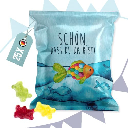 Gummibärchen Mini Tütchen, 25 Stück: Schön dass du da bist Geschenk Gäste für Taufe Kommunion, Fruchtgummi Kinder, Hergestellt in der EU, 7 x 9 cm