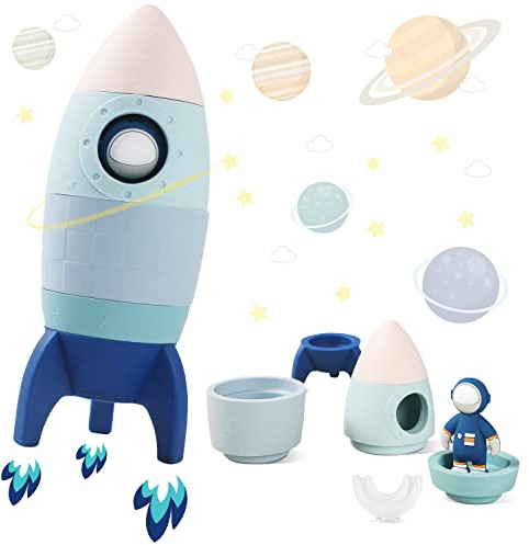JETM·HH Silicone Rocket Stacking Toy - Space Rocket Toy - Baby Teething Toys -Early Learning Stacking Tower Educational Learning Stacking Toys Nesting Toy for Early Educational for Infants (Blue)
