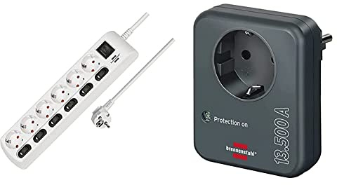 Brennenstuhl Steckdosenleiste einzeln schaltbar 6-Fach mit 2-poligen Schaltern (mit 1xHauptschalter und 6xGeräteschalter, 2m Kabel) weiß & Steckdosenadapter mit Überspannungsschutz 13.500 A anthrazit