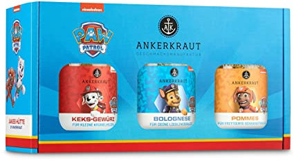 Ankerkraut ‚Jakes Hütte‘ Paw Patrol, Pommes Frites Salz, Bolognese und Keks Gewürz, Gewürze Set mit 3 Gläsern, Überraschung für Kinder, Geschenk-Idee, Lecker zu Hause Kochen, Cartoon-Edition Küche