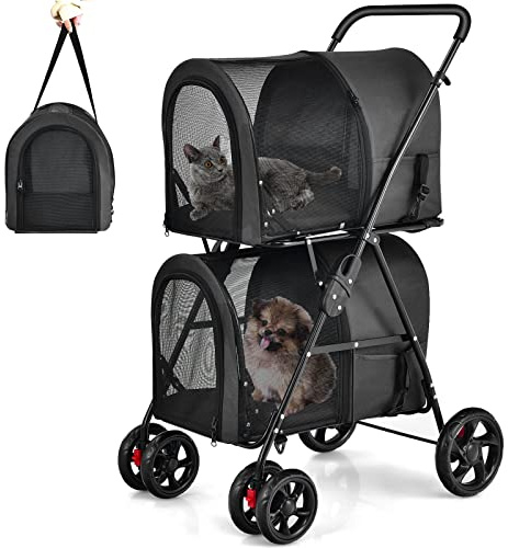 Giantex Double Pet Stroller with 2 Detachable Carrier Bags, Safety Belt, 4 Lockable Wheels, Folding Cat & Dog Stroller for Small Medium Pets, Cats Dogs Puppy Travel Strolling Cart (Black)