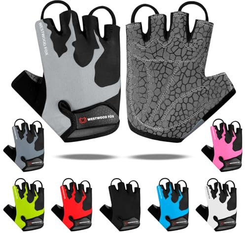 Cykelhandskar halvfinger unisex vadderade grepp palm cykel sommar ridning MTB cykelhandskar för män kvinnor halkfria fingerlösa kort mountainbike ridsport vandringsvantar klättring gym (grå, M)