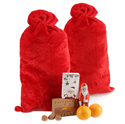 com-four® 2x Edler XL Weihnachtssack aus Plüsch mit roter Kordel | Geschenksack für Weihnachtsgeschenke - Zubehör für Weihnachtsmannkostüm - Weihnachts-Dekoration