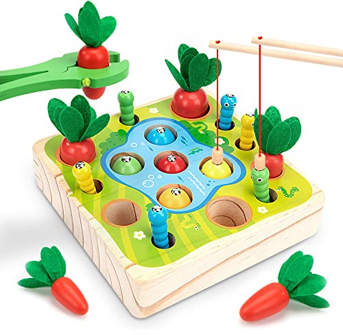 Wisplye Holzspielzeug ab 1 Jahre, Montessori Sortierspiel Motorik Spielzeug Lernspiele Holz Puzzle Karottenernte Magnetische Angelspiel Brettspiele für Kinder ab 3 4 5 Jahre