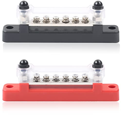 HOIIME 12V - 48V BusBar Power Terminal Blocks with 2 M6 Studs 6 M4 Screws Terminals, 150A High Performance Module BUSBAR Distribution Block with Cover for Cars RVs Ships Yachts (Red & Black, 2 pieces)