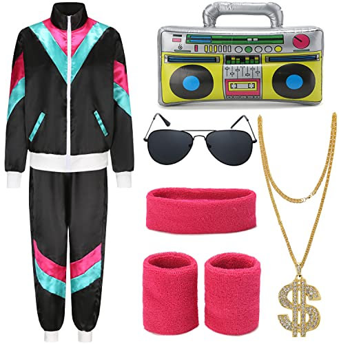 FOVER 80er Jahre Outfit Herren Damen Kostüm Trainingsanzug Pop Art Retro Stil Kostüm Accessoires set mit Aufblasbares Radio Sonnenbrille Halskette Schweißband set für Mottoparty Fasching Schwarz 15M