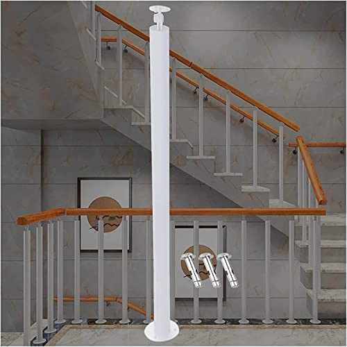 Glass Panel Holder, Floor Glass Fence Post White Baluster Post with Adjustable Angle Bracket, Stairs Banister Railing Spindle Post Round Iron Guardrail Pole for Deck DIY Indoor Stair, 51.2 47.2 39.4 3