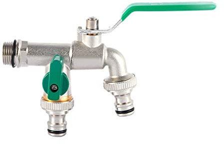 Wasserhahn Doppel Garten Auslaufhahn Kugelhahn IBC Tank Zubehör 1/2 zoll Außenwasserhahn Aus Messing mit Doppelanschluss und Schlauchtülle für Garten Waschmaschine Regentonne