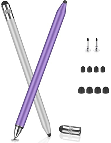 MEKO 3 in 1 Stylus Pens for Touch Screens, High Sensitivity & Precision Capacitive Stylus Pencil for Apple iPad iPhone Tablets Samsung Galaxy All Universal Touchscreen Devices (2 Pack-Silver/Purple)