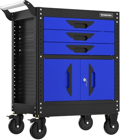 WORKPRO 27.5 Inch 3-Drawer Rolling Tool Chest with Wheels, Portable Steel Tool Cabinets with Drawers, Liners and Locking System for Warehouse, Garage, Black and Blue