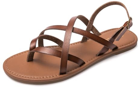 Colgo Women's Summer Strappy Flat Sandals, Adjustable Casual Fisherman Sandal with Open Toe Slingback Gladiator Sandals (9,Coffee)