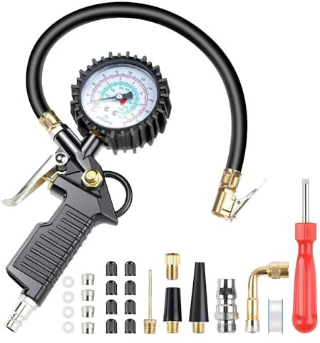 Adiwo Reifenfüll-Messgerät, 220PSI Multifunktional Luftdruckprüfer mit Ventil Kern Werkzeug, Kompressor Zubehör, Reifenfüller Digitaler Reifendruckprüfer für Kompressor Auto Motorrad Fahrrad LKW