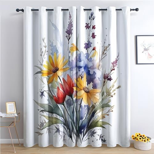 SZLYZM Vorhänge Blumen, Verdunkelungsvorhang 2er Set - Vorhang Blickdicht Pflanzen Muster, Thermovorhang für Deko Wohnzimmer Schlafzimmer Kinderzimmer, Gardinen mit Ösen 175x140 cm HxB (W5-&54)