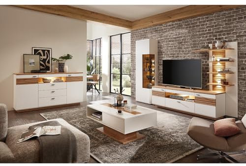 Lomadox Wohnmöbel Set Wohnwand weiß mit Eiche 5-teilig modern, 1 Couchtisch, 1 Vitrine, 1 Sideboard, 1 Lowboard, 1 Wandpaneel, inkl. Beleuchtung