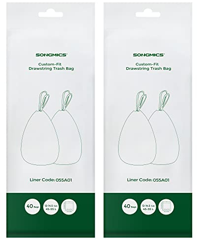 SONGMICS Bolsas de basura para cubos de basura de 12 a 14.5 galones (45-55 L), bolsas de basura de cocina con cordón, preseparadas, código de revestimiento 055A01, 2 rollos, 80 unidades, color blanco