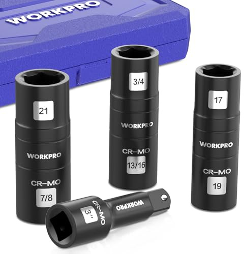 WORKPRO Juego de Laves de Impacto 4 Piezas, 1/2 Vasos de Impacto de Doble Cabeza, Llaves de Vasos con Barra y Caja, Para Tuerca y Pernos