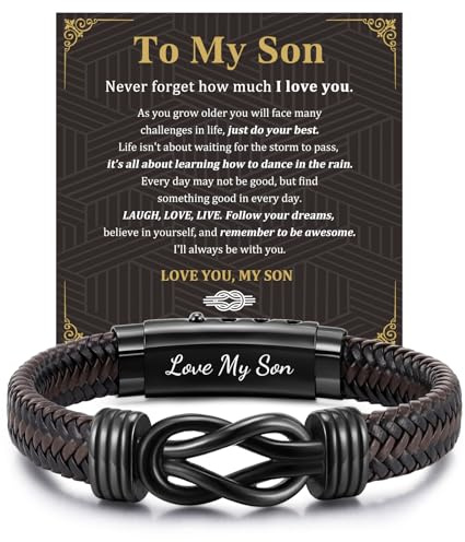 Mens Leather Bracelet Gifts for Son Daddy Man Brother Husband Boyfriend | Engraved Love You Forever Infinity Knot Bracelet, Personalised Men's Bracelets, Gift for Him Birthday Christmas Anniversary