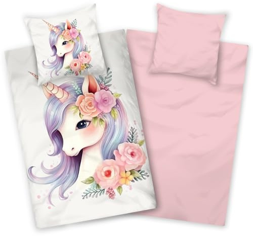 Aminata kids Bettwäsche Einhorn 135x200 Mädchen 100% Baumwolle rosa - Kinder Wende-Bettwäsche-Set mit Unicorn