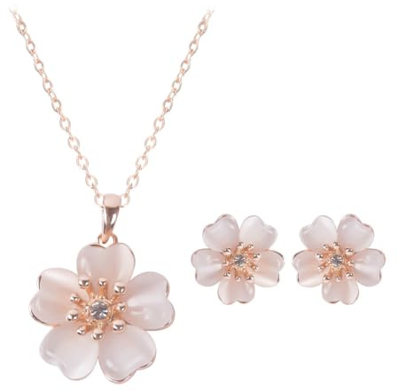 Niaspi Parure bijoux Sakura délicate collier & boucles d'oreilles cristal œil de chat 4 feuilles & boucles tige trèfle 4 feuilles - Fleur cerisier rose