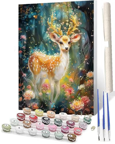 WMZPOY Malen Nach Zahlen Erwachsene DIY Handgemalt Ölgemälde Kit für Anfänger und Erwachsene Dschungel goldener Hirsch 078 Mit 3-Pinseln und AcrylfarbeOhne Rahmen 40X50CM