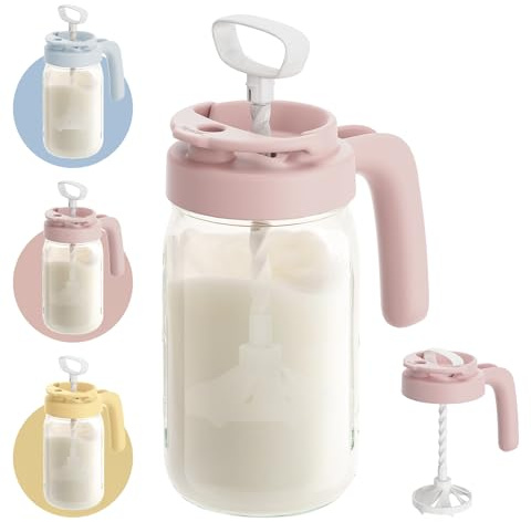 Papablic Brocca per latte materno e formula, brocca in vetro a bocca larga con manico e beccuccio di bloccaggio a ribalta, per contenitore da frigorifero, rosa